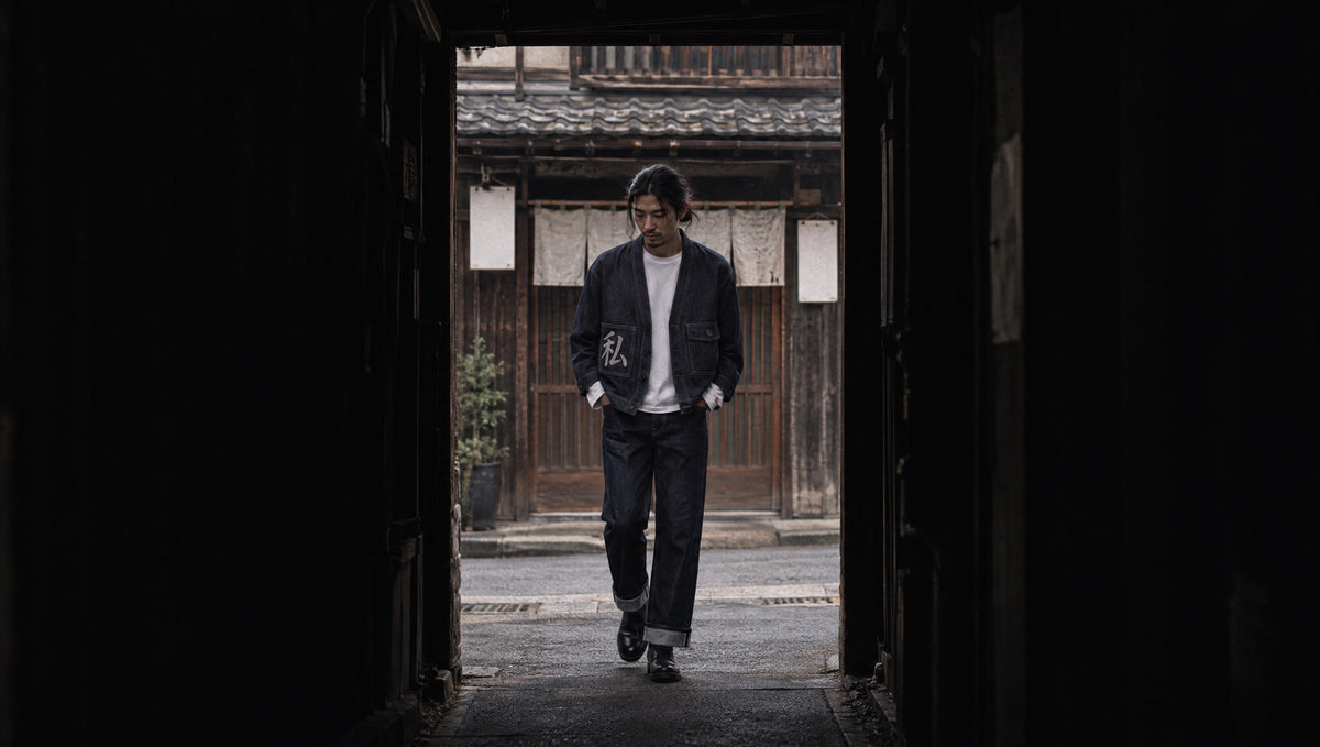 Uomo in un vicolo di Tokyo con giacca Shizuka, longsleeve Komorebi e jeans Yūgen
