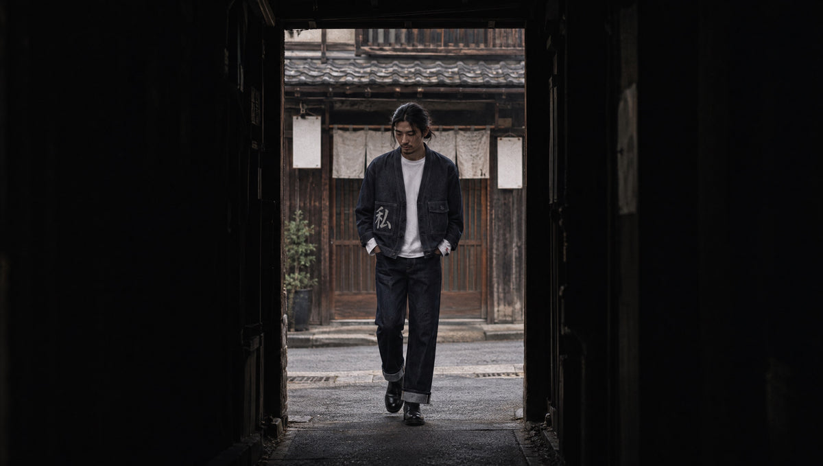 Uomo in un vicolo di Tokyo con la giacca Shizuka, il longsleeve Komorebi e i jeans Yūgen di WATASHI