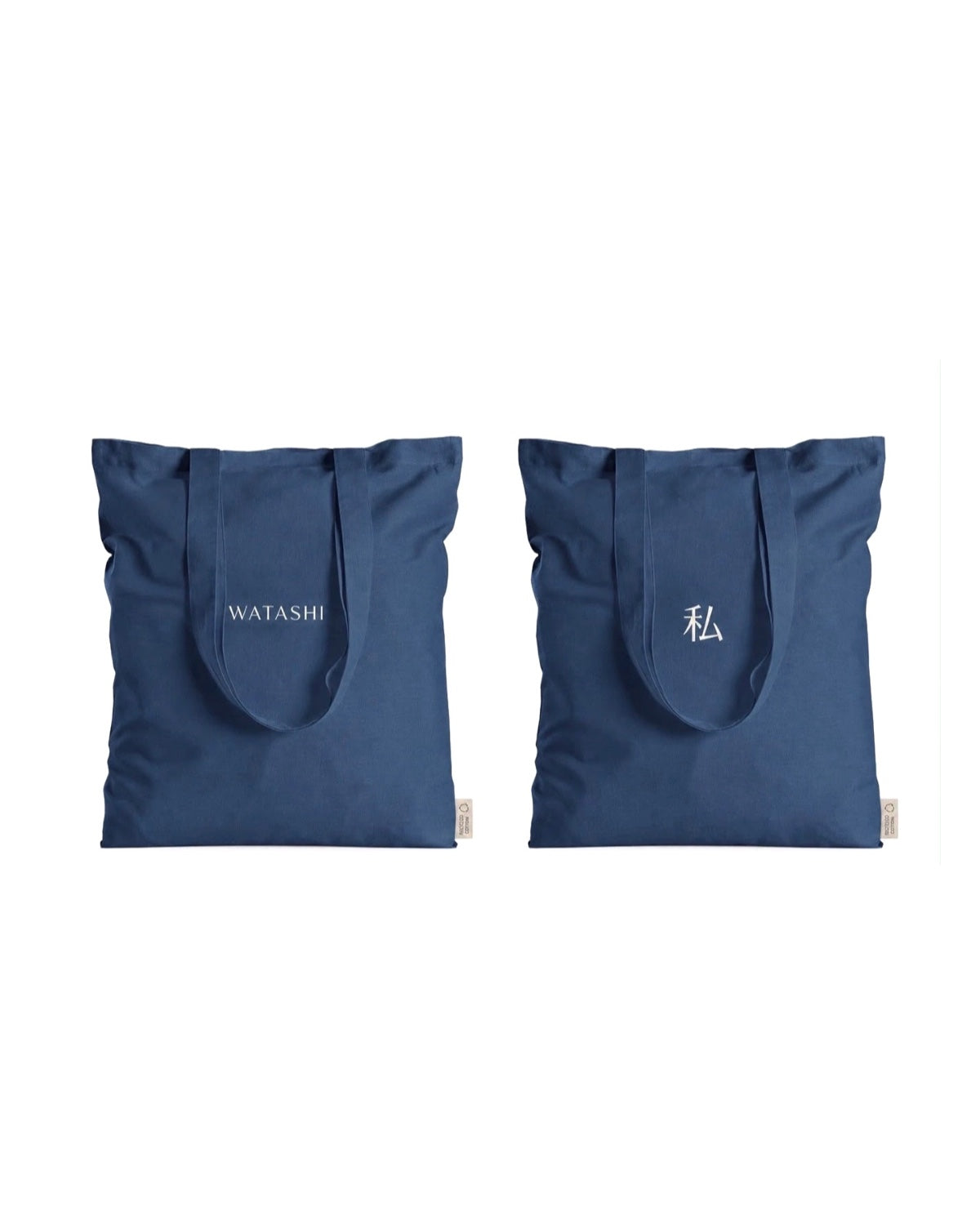 Borsa in cotone indigo WATASHI: fronte con la scritta WATASHI, retro con il simbolo 私