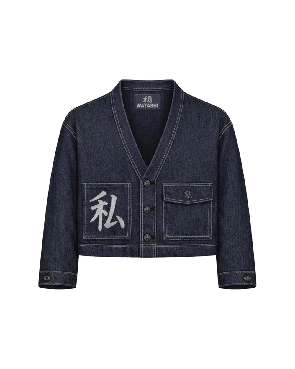 Shizuka, giacca kimono in denim indigo: fronte