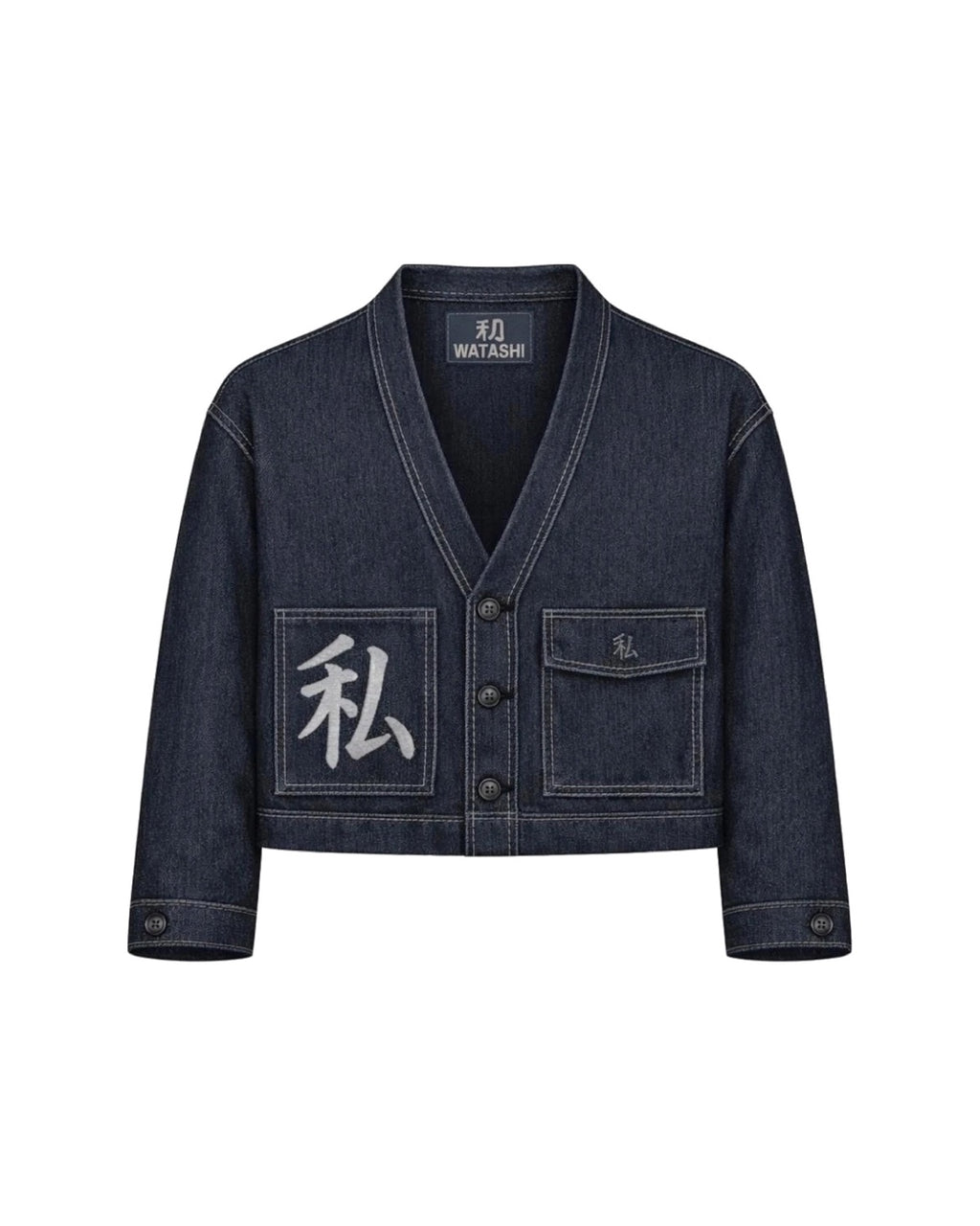 Shizuka, giacca kimono in denim indigo: fronte