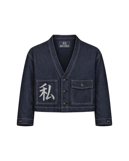 Shizuka, giacca kimono in denim indigo: fronte