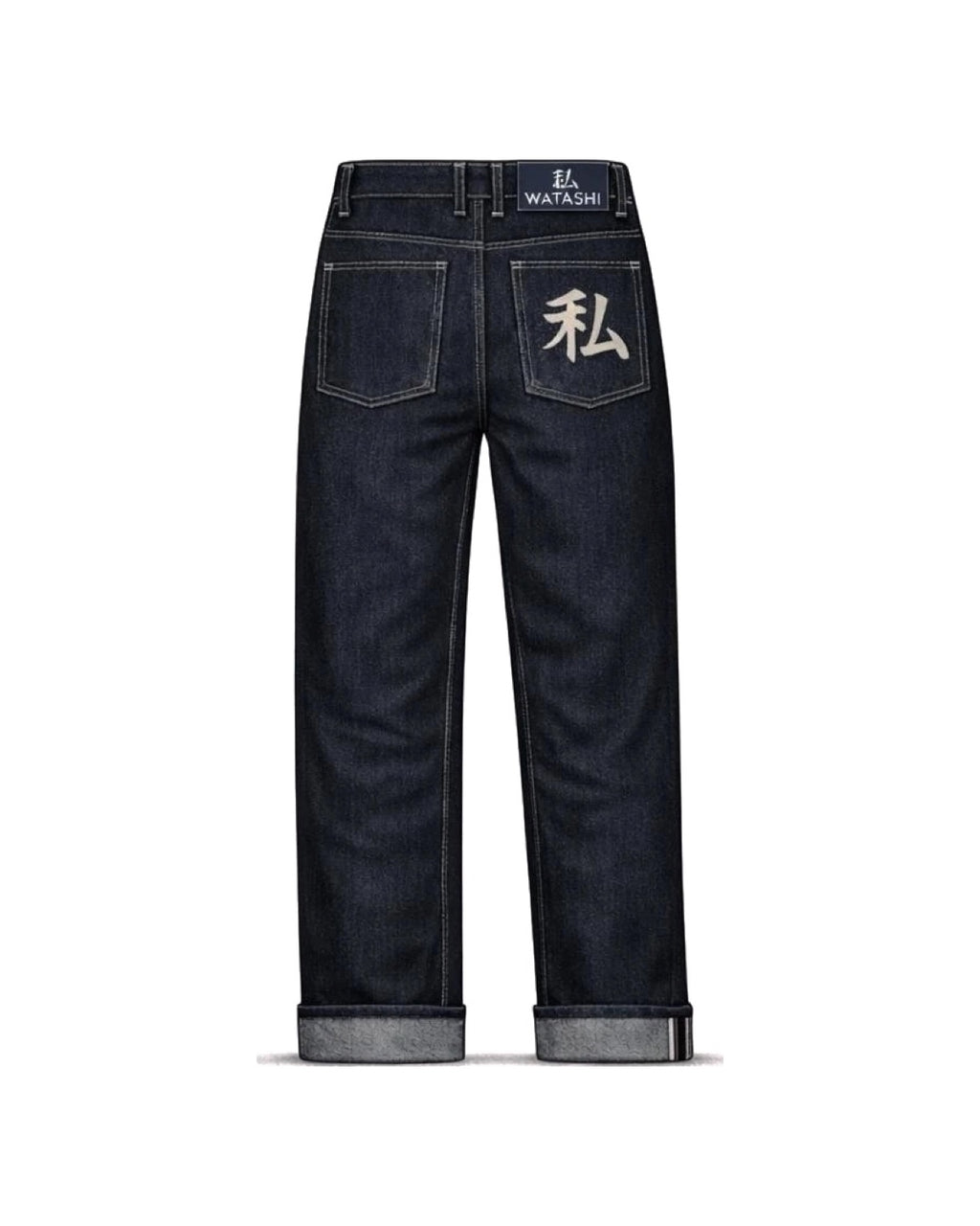 Yūgen, jeans in denim giapponese indigo: retro con etichetta WATASHI e tasca 私