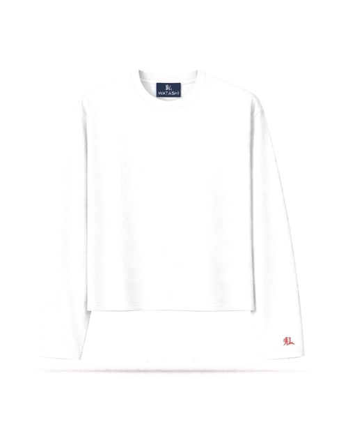 Komorebi, longsleeve bianco in cotone con ricamo rosso 私: fronte
